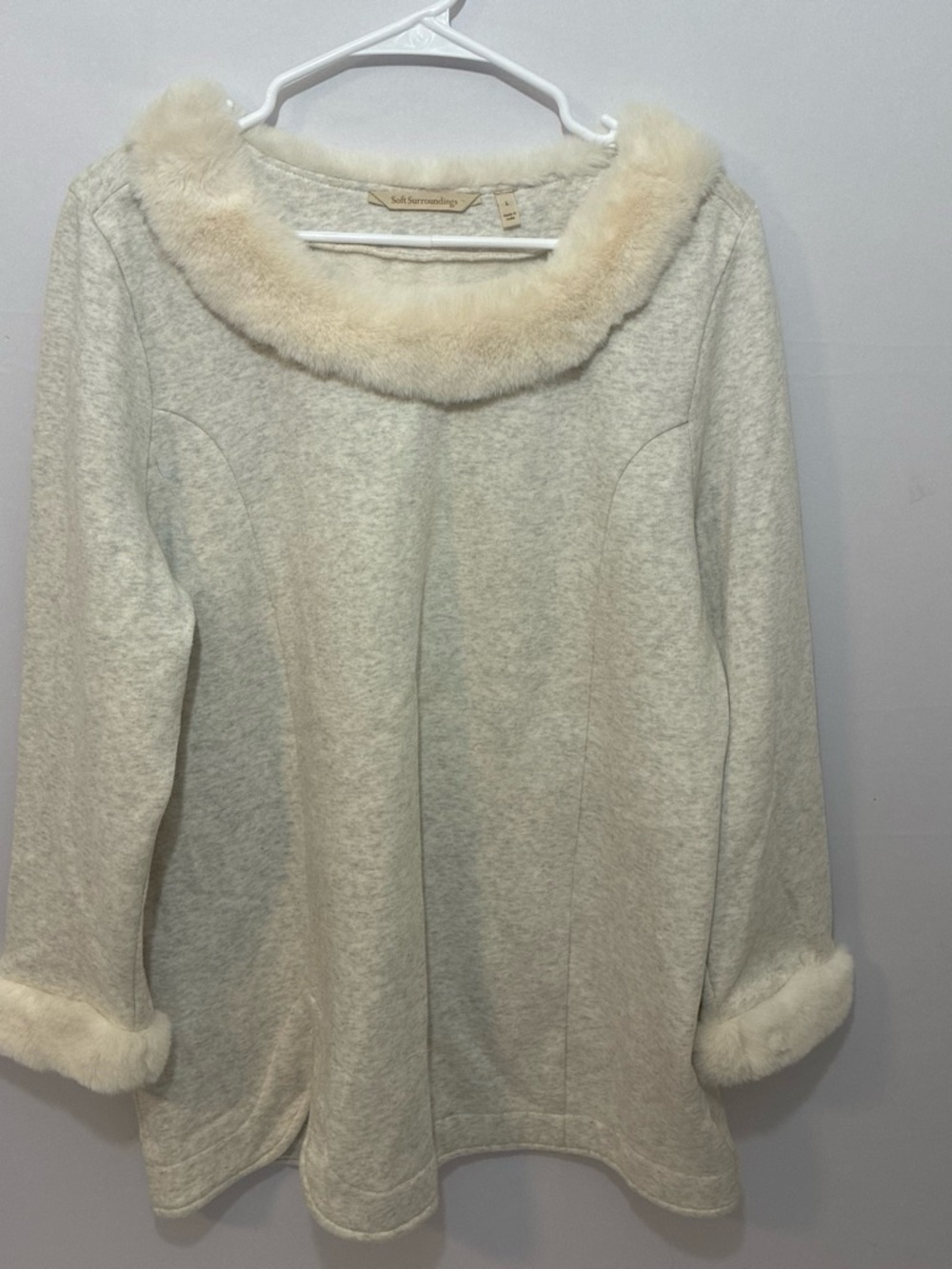 Soft Surroundings Cream Faux-Fur Trim Scoop-Neck Sweater